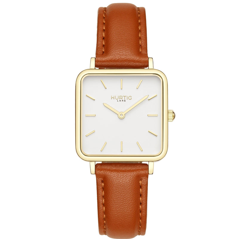 Neliö Square Vegan Leather Gold/White/Tan Watch Hurtig Lane Vegan Watches