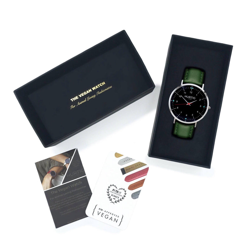 vegan watch gift set with silver/black and green