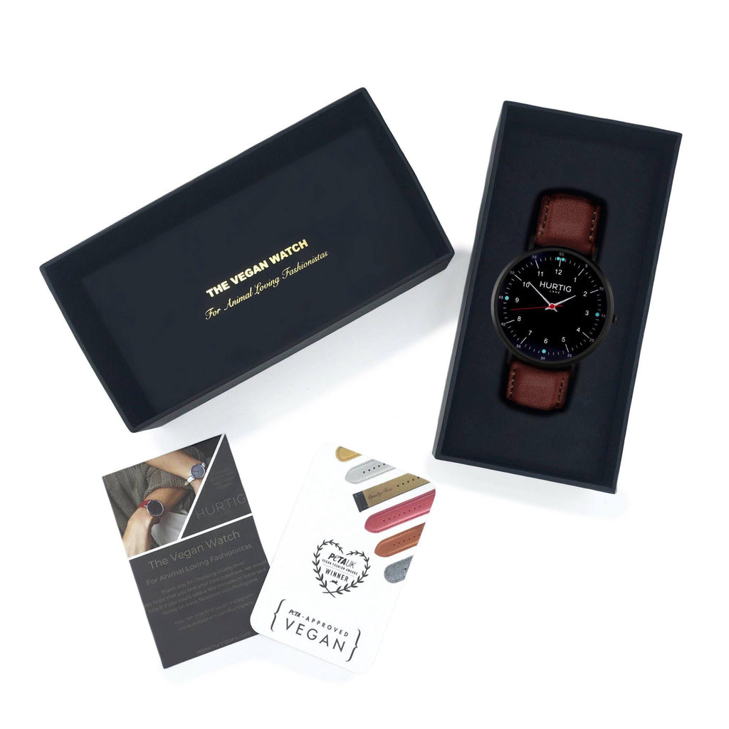 Moderna Vegan Leather Watch All Black & Chestnut Watch Hurtig Lane Vegan Watches