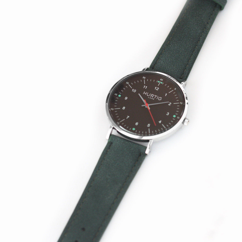 Moderna Vegan Suede Watch Silver, Black & Forest Green Watch Hurtig Lane Vegan Watches