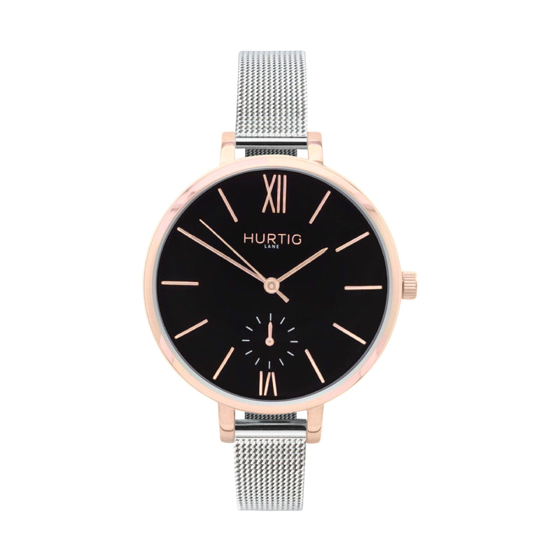 ethical women's mesh watch rosegold, black and silver