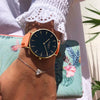 vegan leather watch for women. Gold and coral pink vegan leather
