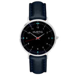 silver and blue men's vegan watch