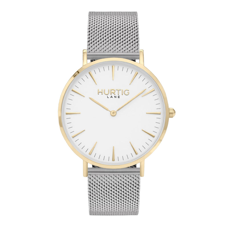 Lorelai Stainless Steel Watch Gold, White & Silver Watch Hurtig Lane Vegan Watches