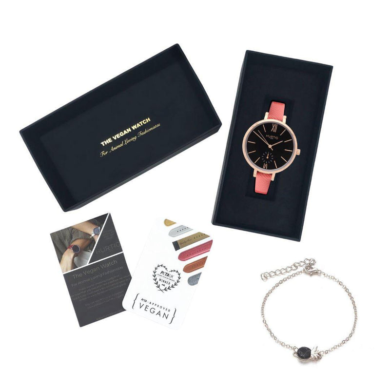 Vegan Gift Set Amalfi Petite Vegan Leather Watch Rose Gold/Black/Coral and Piña Bracelet Watch Hurtig Lane Vegan Watches